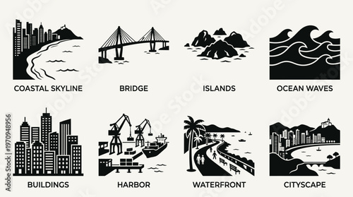 Vitória Landmarks and Coastal Skyline Silhouette Vector Icon Set – Elegant Vectors Featuring Terceira Ponte, Islands, Ocean Waves, Harbor, and Waterfront Cityscape in Minimalist Black Profiles
