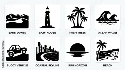 Natal Landmarks and Coastal Nature Silhouette Vector Icon Set – Vibrant Vectors Featuring Sand Dunes, Lighthouse, Palm Trees, Ocean Waves, Buggy Vehicle, and Beach Horizon in Minimalist Black Profiles
