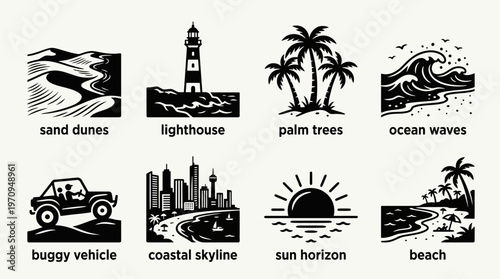 Natal Landmarks and Coastal Nature Silhouette Vector Icon Set – Vibrant Vectors Featuring Sand Dunes, Lighthouse, Palm Trees, Ocean Waves, Buggy Vehicle, and Beach Horizon in Minimalist Black Profiles