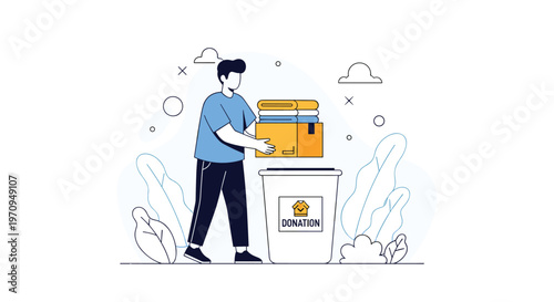 Kind man participating in charity work by placing a cardboard box full of clothes into a designated donation bin outdoors.