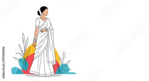 Elegant woman dressed in a traditional white Indian sari with a gold border standing against a colorful floral backdrop.