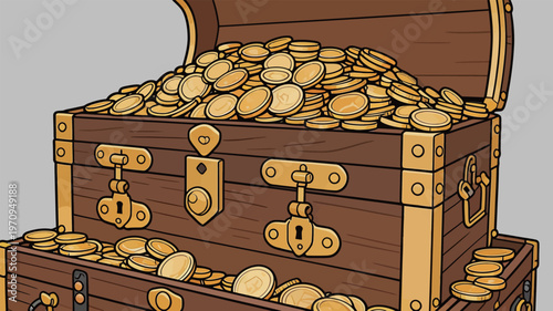 Treasure chest filled with gold coins displayed against a plain background during a bright day