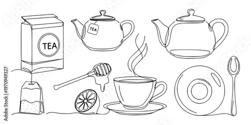 Tea items in line art style on white background showing teapot, cup, lemon and honey for a cozy tea time concept