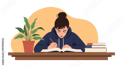 Dedicated young woman sitting at a desk and writing in her notebook surrounded by books and a green potted plant.