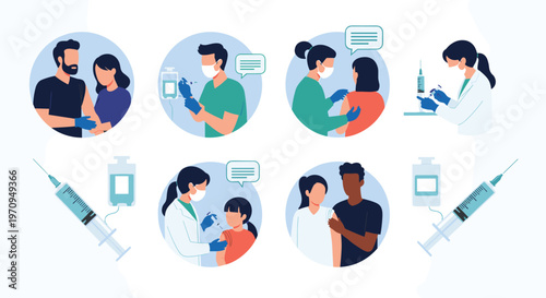 Diverse collection of healthcare icons showing medical professionals administering vaccines to various people and children.