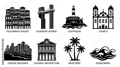 Salvador Landmarks and Coastal Architecture Silhouette Vector Icon Set – Elegant Vectors Featuring Pelourinho Houses, Elevador Lacerda, Farol da Barra Lighthouse, Colonial Church, and Ocean Waves in M