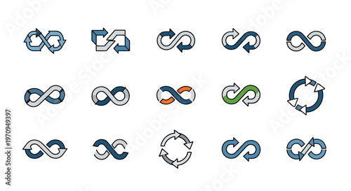 Infinity Loop Arrows Icons Set - Continuous Cycle and Refresh Symbols