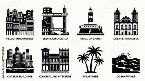 Salvador Landmarks and Coastal Architecture Silhouette Vector Icon Set – Elegant Vectors Featuring Pelourinho Houses, Elevador Lacerda, Farol da Barra Lighthouse, Colonial Church, and Ocean Waves in M