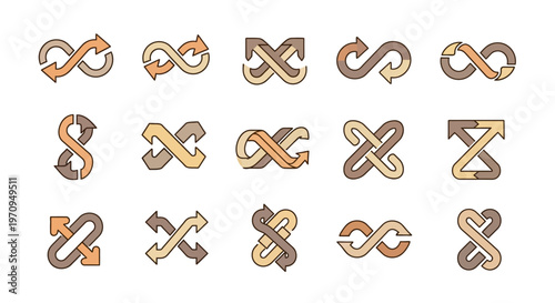 Infinity Symbols Vector Icons Set with Arrows and Intertwined Loops Representing Endless Cycles and Connection