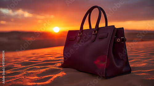 woman hand bag on the desert at sunset