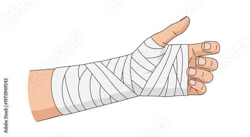 Human hand and forearm tightly wrapped in a white medical gauze bandage to treat an injury or support a fractured bone.