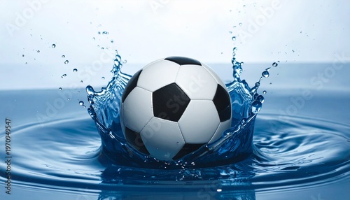 Dynamic soccer ball splash in cool blue water, showcasing power and motion with a refreshing aquatic element, perfect for sports and active lifestyle themes