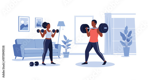 Man and woman exercising together in their living room by lifting dumbbells and a barbell for a healthy home workout.