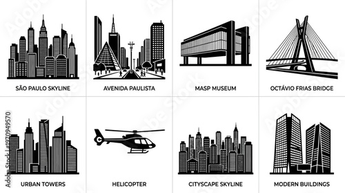 São Paulo Landmarks and Modern Skyline Silhouette Vector Icon Set – Sleek Vectors Featuring Paulista Avenue, Museum of Art, Cable‑Stayed Bridge, Helicopter, and City Towers in Minimalist Black Profile