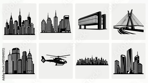 São Paulo Landmarks and Modern Skyline Silhouette Vector Icon Set – Sleek Vectors Featuring Paulista Avenue, Museum of Art, Cable‑Stayed Bridge, Helicopter, and City Towers in Minimalist Black Profile