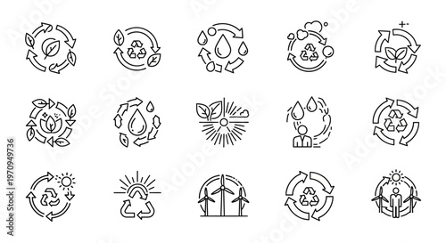 Recycling, Ecology, and Renewable Energy Line Icons Set