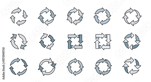 Refresh and Recycle Arrow Icons Set - Circular Rotation and Loop Symbols
