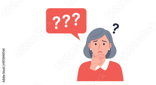 Senior woman looking worried and confused while thinking about a difficult question or problem with speech bubbles.
