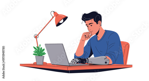 Inclusive illustration of a focused young man with a prosthetic arm working efficiently on his laptop at a modern desk.