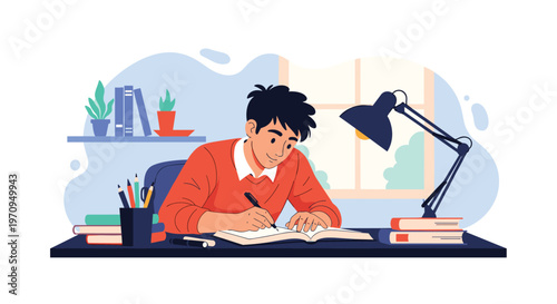 Young student focused on studying and writing in his notebook at a desk filled with books under the light of a lamp.