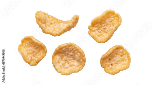 Slika na platnu Photograph of five crispy, golden rice crackers or chips, irregularly shaped and floating