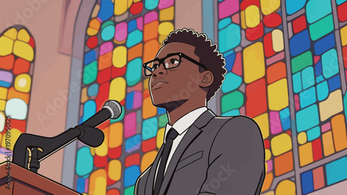 Young man speaks during event in a church with colorful stained glass windows