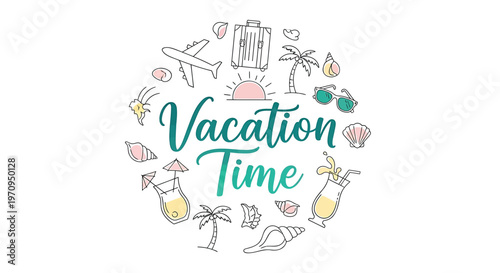 Vacation icons, travel symbols, summer elements, holiday illustrations