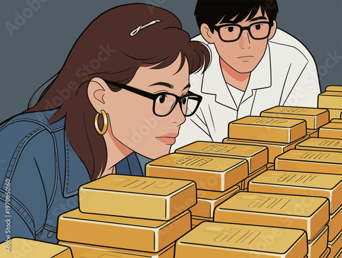 Two people examine gold bars in a vault while discussing their value and the importance of investment in a financial setting