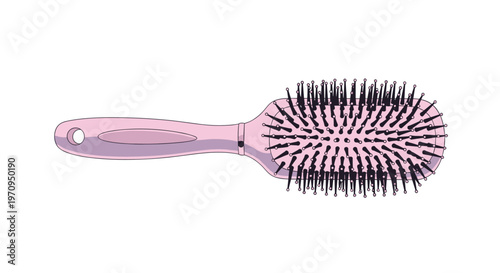 Close up view of a pink plastic hairbrush with black bristles designed for detangling and styling hair on a white background.