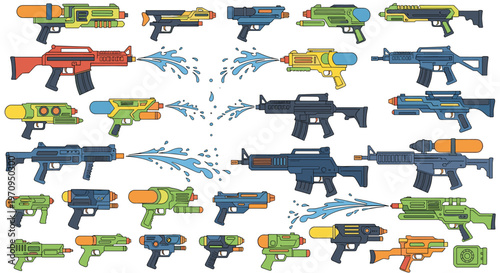 Extensive collection of colorful water guns and squirt pistols in various designs and sizes spraying water for summer fun.