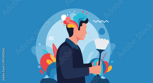 Conceptual illustration of a man cleaning his mind with a duster to reveal colorful creative thoughts and inspirations.