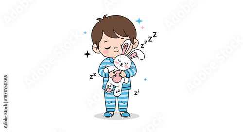 Sweet young boy in striped pajamas sleeping soundly while hugging his favorite white plush bunny rabbit toy on a clean white background.