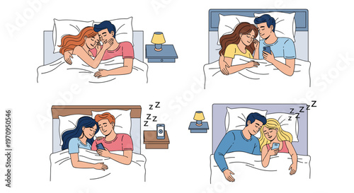 Different scenes of couples in bed showing a mix of intimate cuddling and distraction by their mobile phone screens at night.
