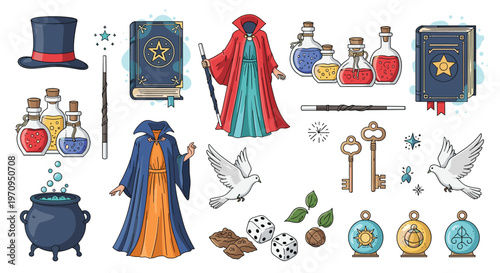Extensive collection of magical items including wizard robes, potions, spell books, wands, and enchanted objects on a white background.