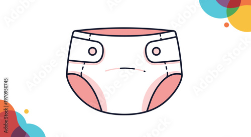 Clean and comfortable white baby diaper with pink accents and adjustable tabs on a decorative white background with colorful circles.