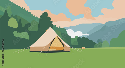 Glamping site in the mountains during a bright day with colorful clouds and green grass