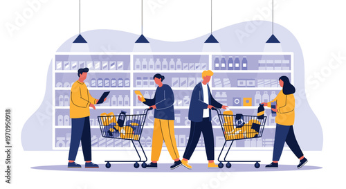 Diverse customers browsing the aisles and filling their shopping carts in a large, well organized modern grocery store.