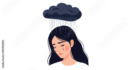 Emotional illustration of a young woman crying under a small dark rain cloud symbolizing depression, sadness, and grief.
