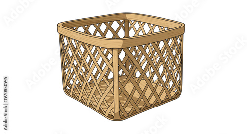 Simple and traditional empty wicker basket made of woven bamboo or wood used for storage and carrying goods on white background.