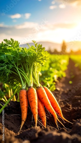 Freshly Harvested Carrots in a Field at Sunset.