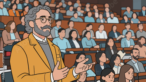 Speaker presents ideas to a large audience in a conference hall during a daytime event with many attendees seated in rows