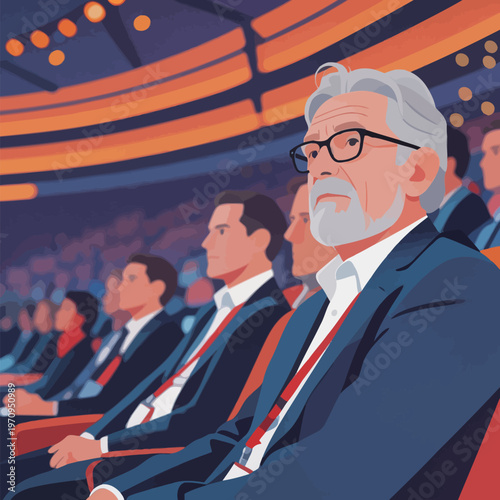 Elderly man with glasses sits in audience during event at auditorium with bright lights and focused expressions