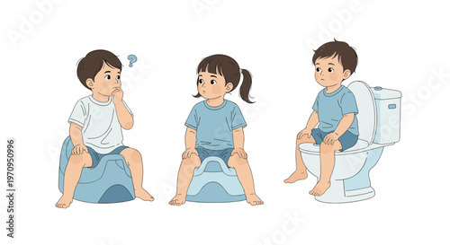 Toddlers learning to use the potty and adult toilet shown in various stages of successful childhood bathroom habit development.