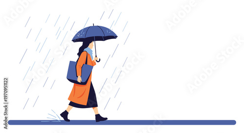 Stylish woman walking through heavy rain while carrying a large blue umbrella and wearing a bright orange trench coat.