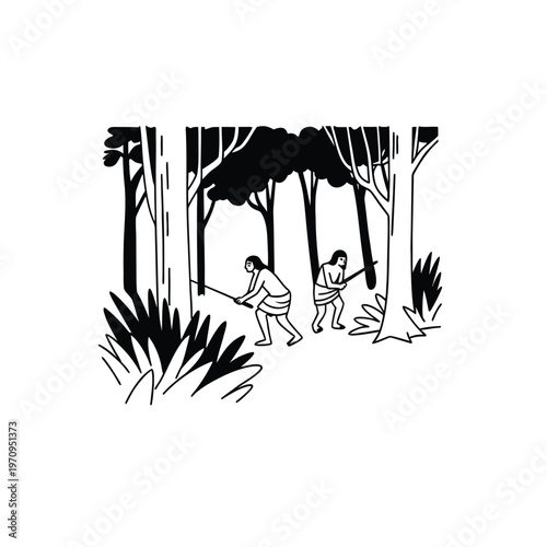 Two tribal hunters with spears stealthily moving through a dense forest, ancient hunting scene