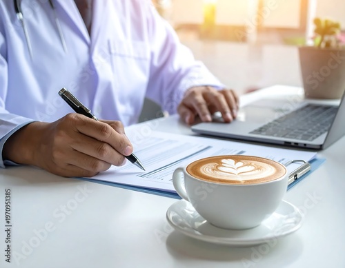 Doctor Working on Laptop with Coffee Cup on Desk.