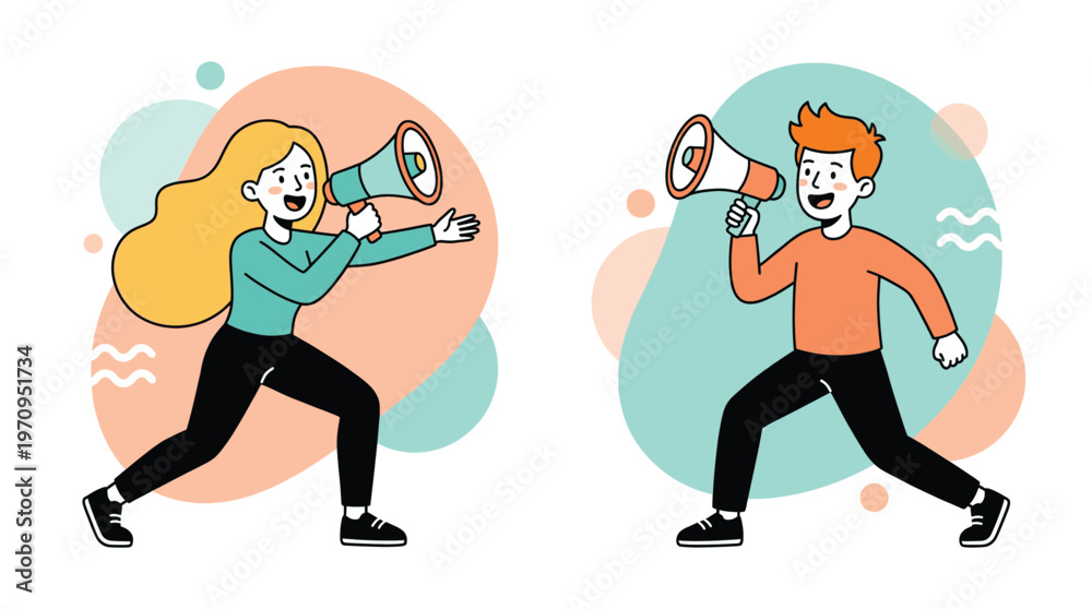 Fototapeta premium Cartoon people holding megaphones and running