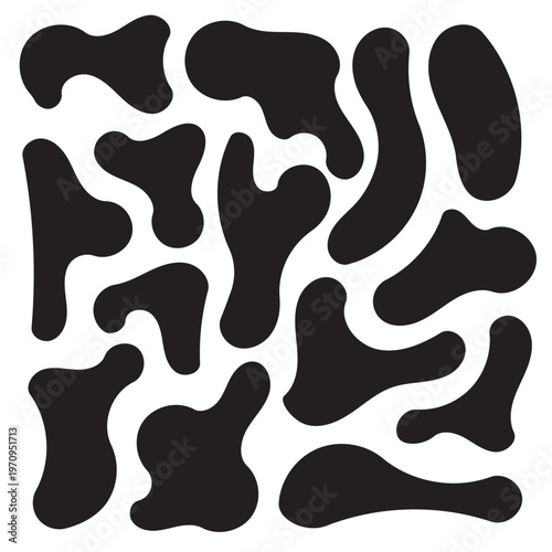 Black organic splash and blot shapes with uneven watery edges. Simple liquid vector set for backgrounds frames splatter graphics and abstract design compositions in eps 10.