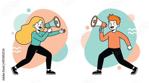 Cartoon people holding megaphones and running
