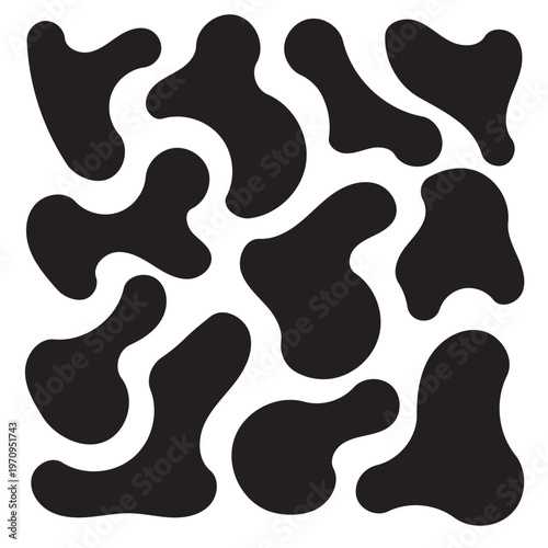 Black organic splash and blot shapes with uneven watery edges. Simple liquid vector set for backgrounds frames splatter graphics and abstract design compositions in eps 10.